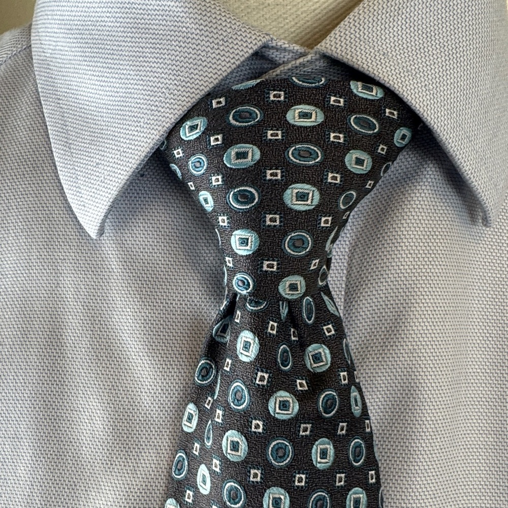 Burma Bibas Men’s Necktie 100% Silk  Stylish Dark Gray and Blue Geometric Tie